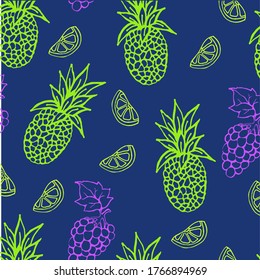 
Pineapple pattern grapes and lemon, fruit print. Summer pattern with fruits. Vector illustration.