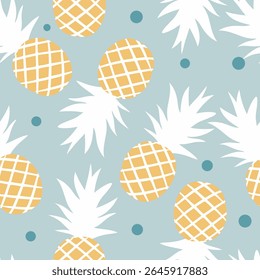 pineapple pattern on blue background with polka dots seamless pattern for fabric, textiles, clothing, wallpaper, cover, banner, home decor, florals backgrounds