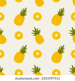 Pineapple Pattern on White Background. Summer Texture. Tropical Party Seamless Background. Fruit Vector Illustration in Flat Cartoon Style.
