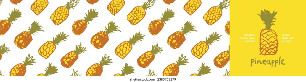 Pineapple pattern seamless, pineapples illustration, hand-drawn vector exotic fruit for vegan banner, juice or jam label design. Ripe ananas background for baby food packaging. Pineapple backdrop.