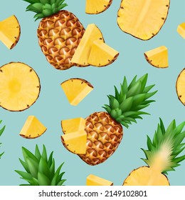 Pineapple pattern. Tropical exotic fruits illustrations for printing textile designs decent vector seamless background with sliced pineapple illustrations