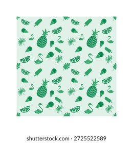 Patrón de piña con iconos de frutas tropicales, flamencos y helados en un estilo verde monocromo sin costuras.
