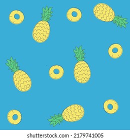 Pineapple pattern. Tropical whole fruits and slices isolated on blue background. Vector illustration of organic food in cartoon flat style.