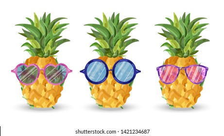 Pineapple pattern Vector. Cartoon style. Funny fruits with glasses tropic poster