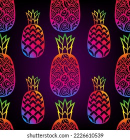 Pineapple Pattern. Vector illustration. Doodle coloring book page zen art. Fruit, tropic, ananas, summer. Psychedelic, hippie