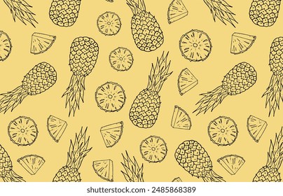 Pineapple pattern, vector seamless background of fresh pineapple fruits, hand-drawn, fabric print, gift paper