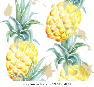 Pineapple pattern Vector watercolor. Tropic fruits with glitter on white background. Label artistic exotic illustrations