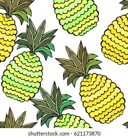 Pineapple pattern. Yellow fresh fruit seamless background.