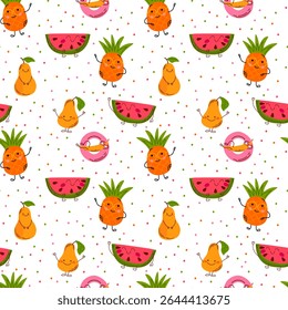Pineapple, pear, banana, watermelon happy characters. Seamless pattern with cute cartoon smiling fruits and colorful dots. For kids products, fabrics, textile, and wrapping paper. Vector illustration