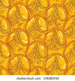 Pineapple peel seamless background. Sketch. Brown outline on an orange background. vector