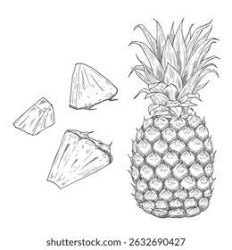 Pineapple pieces and slices sketch. Set of ink sketches. Hand drawn vector illustration.