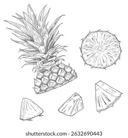 Pineapple pieces and slices sketch. Set of ink sketches. Hand drawn vector illustration.