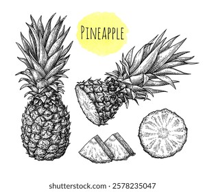 Pineapple pieces and whole fruit. Set of ink sketches. Hand drawn vector illustration. Retro style.