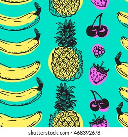 Pineapple Pine Ananas Pattern Cherry Strawberry Banana Seamless Vector Pop Art Fruit Background