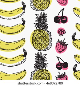 Pineapple Pine Ananas Pattern Cherry Strawberry Banana Seamless Vector Pop Art Fruit Background