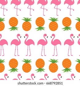 Pineapple Pink flamingo icon set. Seamless Pattern Wrapping paper, textile template. Exotic tropical bird Zoo animal kids collection Cute cartoon character Flat design White background Isolated Vector