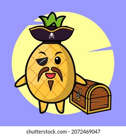 Caracter pirata de piña con sombrero y caja del tesoro diseño de estilo lindo para camiseta, pegatina, elemento logo