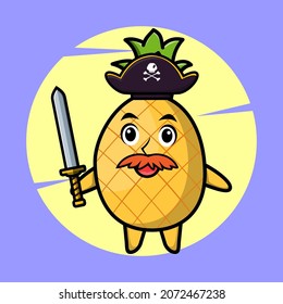 Pineapple pirate character with hat and holding sword  cute style design for t shirt, sticker, logo element