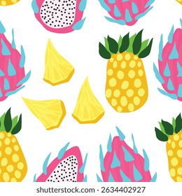 pineapple, pitaya and its cut parts summer fruits seamless pattern. pineapple, slices, pitaya and its slices seamless pattern. It is suitable for tiles, decoration, textile and fabric.