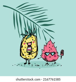 Pineapple And Pitaya Eating Ice Cream