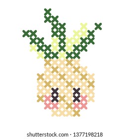 Pineapple in pixel art style. Cute character for cross stitch on a white background. Element design for web, games, app, logo, embroidery, sticker.
