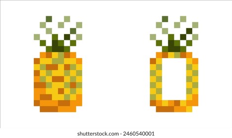 Pineapple pixel icons Vector illustration on isolated background. Minimalistic 8-bit icon in retro style. Ideal for use in retro games, food labels, juice labels, kids products, or healthy lifestyle

