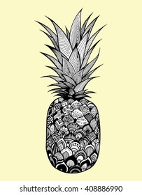 A pineapple. Plant. Exotic fruit. Line art. Black and white drawing by hand. Zentangl. Doodle. Decorative. Stylized. Tattoo.