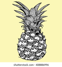 A pineapple. Plant. Exotic fruit. Line art. Black and white drawing by hand. Zentangl. Doodle. Decorative. Stylized. Tattoo.