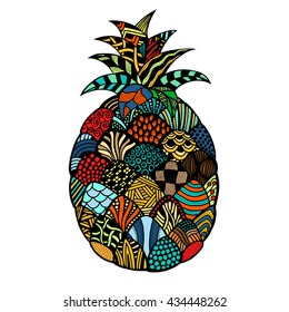 pineapple. Plant. Exotic fruit. Line art. Colored Hand drawn. Doodle vector illustration. Decorative. Stylized. Tattoo.