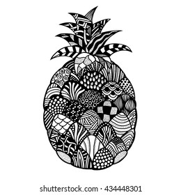 pineapple. Plant. Exotic fruit. Line art. Black and white Hand drawn. Doodle vector illustration. Decorative. Stylized. Tattoo.