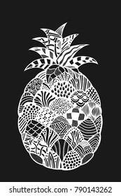 pineapple. Plant. Exotic fruit. Line art. Black and white Hand drawn. Doodle vector illustration. Decorative. Stylized. Tattoo.