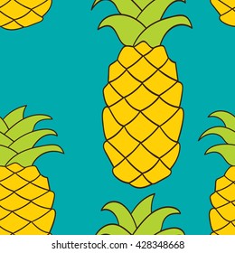 Pineapple plant silhouette seamless pattern. Vector repeated texture for web, print, fabric, textile design, digital paper, wrap, greeting card background, decoration. Yellow tropical fruit on blue.
