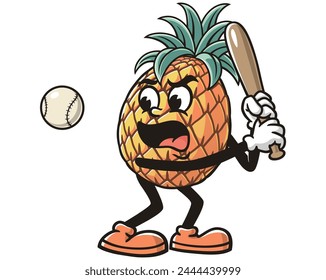 Pineapple playing baseball cartoon mascot illustration character vector clip art hand drawn