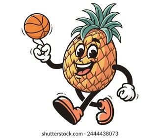 Pineapple playing basketball cartoon mascot illustration character vector clip art hand drawn