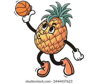 Pineapple playing slam dunk basketball cartoon mascot illustration character vector clip art hand drawn
