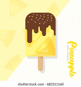 Pineapple popsicle. Healthy fruit popsicle with chocolate cream, jimmies sprinkles topping. Summer refreshing snack.