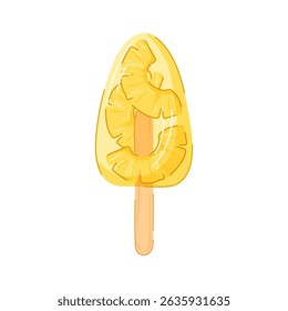 Pineapple popsicle ice cream with yellow fruit slice inside on wooden stick in cartoon style. Perfect for tropical summer design, dessert visual or dessert cafe graphic. Isolated on a white background