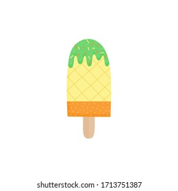 Pineapple popsicle vector illustration. Ice lolly with fruit flavor on stick. Summer sweet frozen dessert with icing and sprinkles. Isolated.
