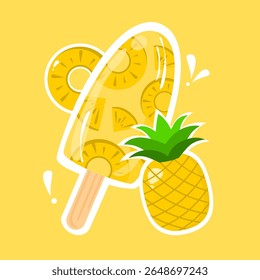 Pineapple popsicle with white outline. Ice lolly cartoon. Food illustration. Sweet ice cream illustration. Can be used for wallpaper, print, and sticker