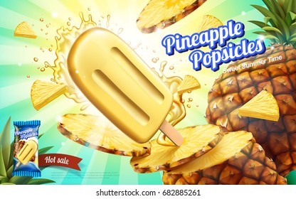 Pineapple popsicles ads, summer chill fruit ice pop with splashing juice and flesh isolated on striped background in 3d illustration