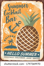 Pineapple poster design in retro style. Tropical flyer with island, orange, anchor, sun, text and big pineapple. Vector vintage illustration for cocktail bar.