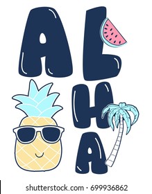 Pineapple print design with live aloha slogan. Vector illustration design for fashion fabrics, textile graphics, prints.