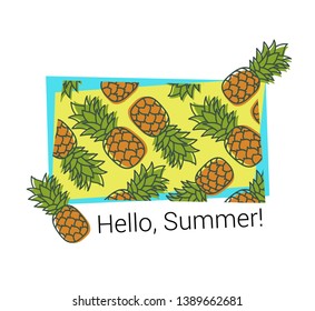 Pineapple print. Hello summer. Exotic design. Vector sketch. Hand drawn fresh fruit. Doodle illustration. Textile fashion