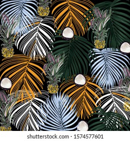 Pineapple print. Palms leaves. Coconut hand drawn. Vector