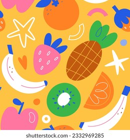 Pineapple print, tropical fruit background, banana, kiwi, strawberry, orange fruits and berries, stylized illustrations, vector tile, seamless pattern, simple trendy print for textile