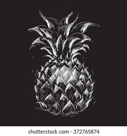 pineapple in a prints style on black, vector illustration, sketch