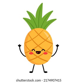 Pineapple put his hands up. Laughs. Cartoon character pineapple with arms and legs, with different emotions. Vector illustration isolated on white background