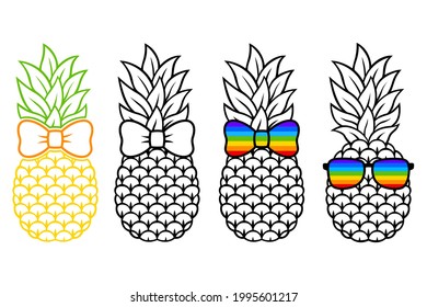 Pineapple with rainbow hair bow, sunglasses. LGBTQ. Vector fruit. Rainbow tropical illustration. Flat style. For t-shirts,mugs. Isolated on white background. Hand-drawn color summer symbol.