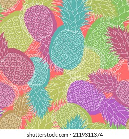 Pineapple random repeat seamless pattern. Tropical fruit endless texture. Contemporary irregular boundless background. Trendy pastel surface design. Editable tile for fabric, interior, flyer.