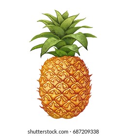 Pineapple. Realistic hand drawing made with colored pencils. Vector illustration. Fruit isolated on white background. Plant for decorating food packaging, kitchen design. Vintage.